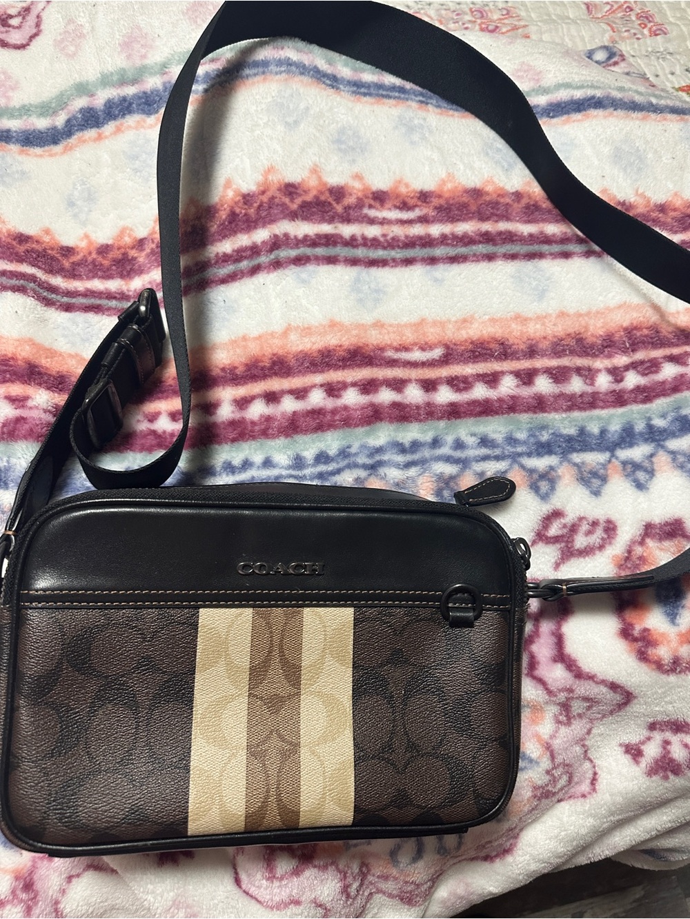 Coach Brown and Tan Signature Stripe Crossbody Bag